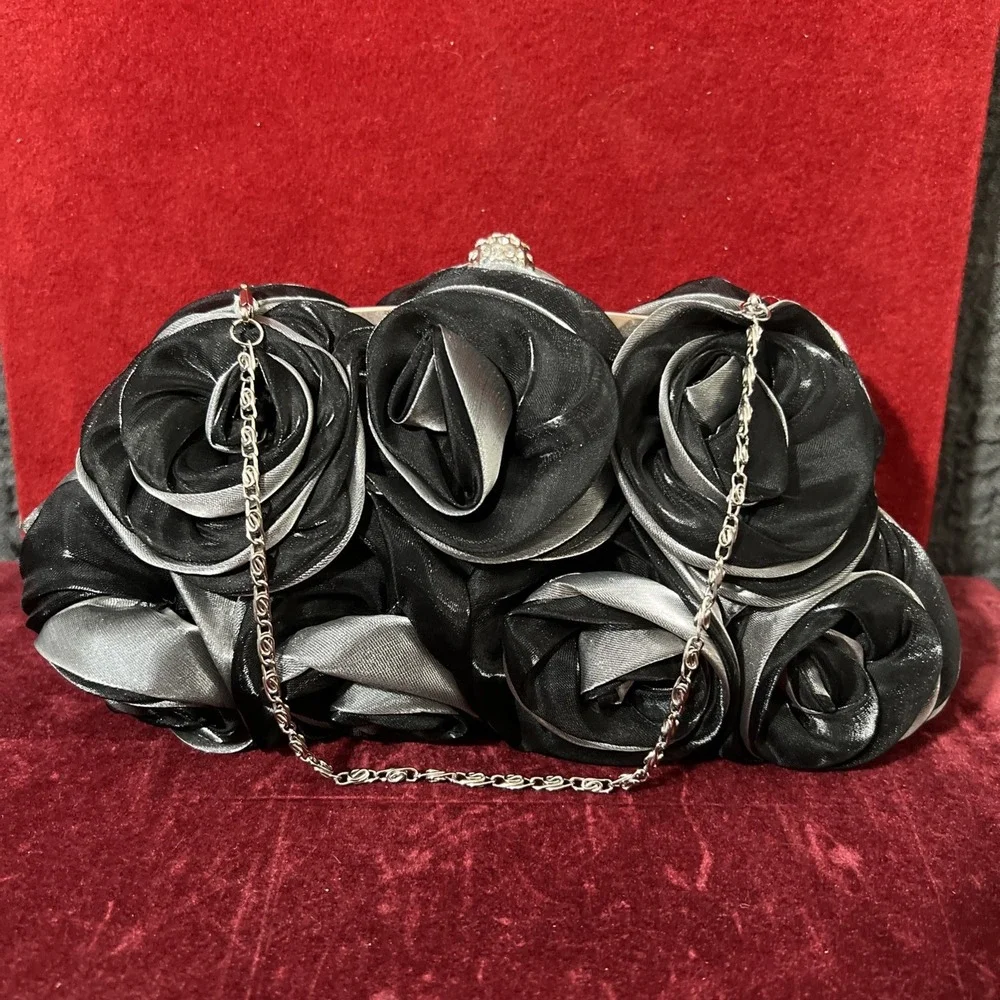 Women Satin Rose Rhinestone Black / Gray Color Handbag Silver tone chain - Picture 7 of 14